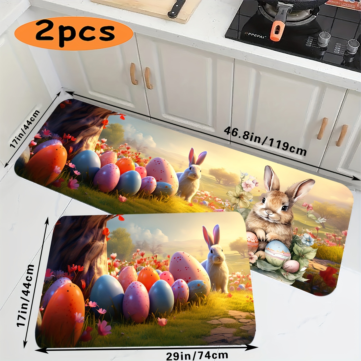 

2pcs Colorful Easter Eggs Non Slip Bathroom Rugs, Decorative Bunny Pattern Cushioned Kitchen Foot Pad, Washable Absorbent Doorway Welcome Mat, Room Accessories, Home Decor, Happy Easter Day Decor