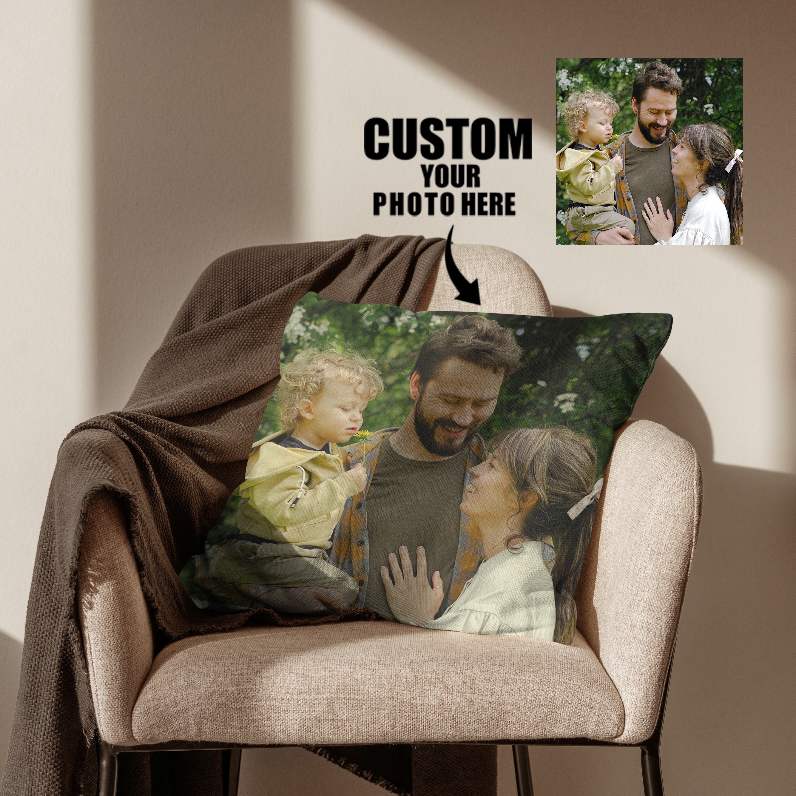 

Custom Linen Throw Pillow Cover - Personalized Gift For Home Decor, Perfect For Christmas, Thanksgiving & New Year - Single-sided Print With Couple/pet/family Photos, Machine Washable