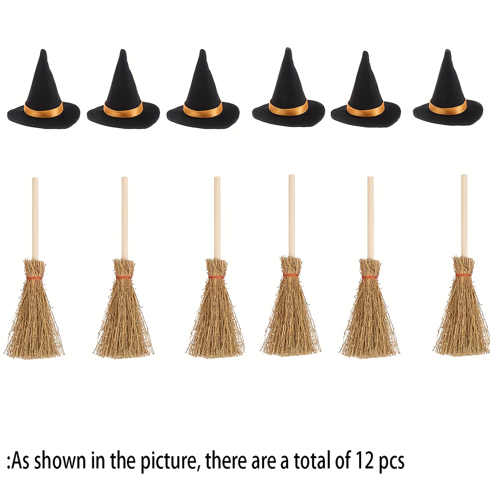 Image of Gift For Her/him Mini Witch Hats And Brooms - Halloween Decorations For Party Favors, Birthdays, Weddings, Crafts Additions - 12pcs Set