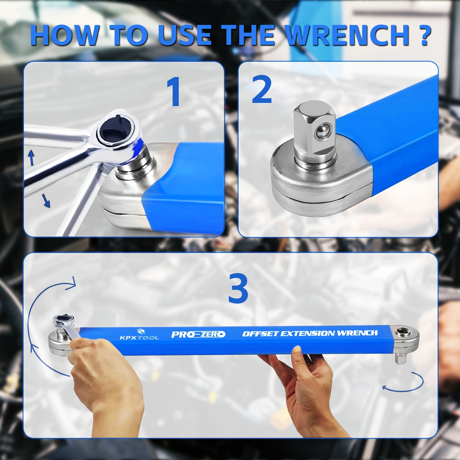 2合1多功能棘轮偏置延长扳手，配有1/2、1/4和3/8方头转接器，适用于狭窄空间，180度旋转、大扭矩、防滑手柄、耐用金属材质，适用于小型通用延长扳手，汽车维修手动工具 商品详情 3