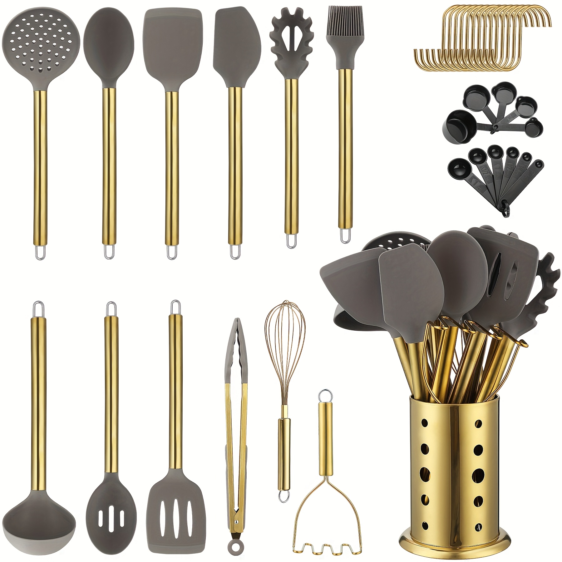 Image of 39pcs Silicone Cookware Set With Base, Made Of Food-grade Silicone And Stainless Steel, Heat-resistant And Easy To Clean, Stainless Steel Handles Are Stylish And Versatile, Perfect For The Kitchen
