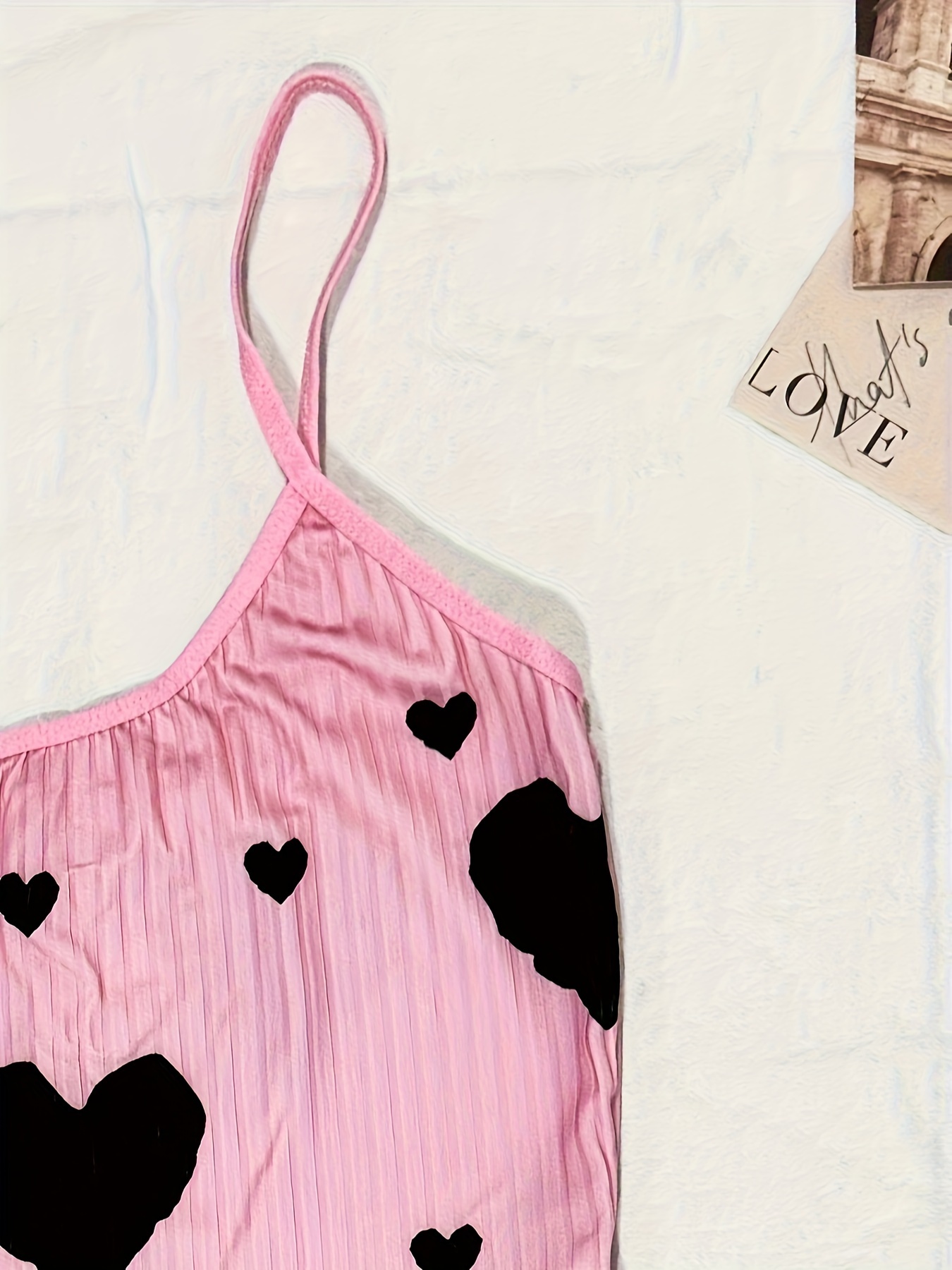 Tela de punto texturizado con estiramiento sexy corto camisón de impresión y pantalones cortos, un conjunto de dos piezas con una gran impresión de corazón multicolor, perfecto para ropa de dormir y ropa de estar en casa para mujeres. - Imagen 7