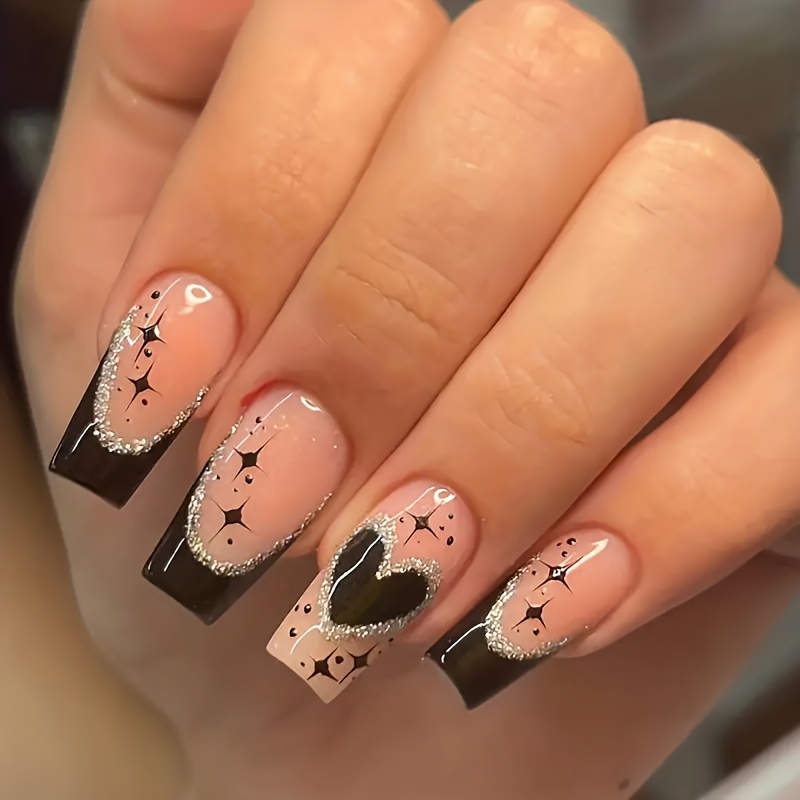 TEMU Upgrade Your Look With 24pcs Of Press-on Nails, Long , Heart Pattern, Glitter, , Exquisite, Versatile, Elegant Temperament Design, Fake Nails