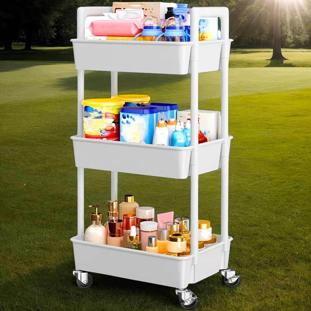 

Dreamsmith 3-tier Plastic Rolling Utility Cart With Storage Rack, Lockable Wheels, And Reinforced Handles For Industrial & Scientific Retail Store Fixtures