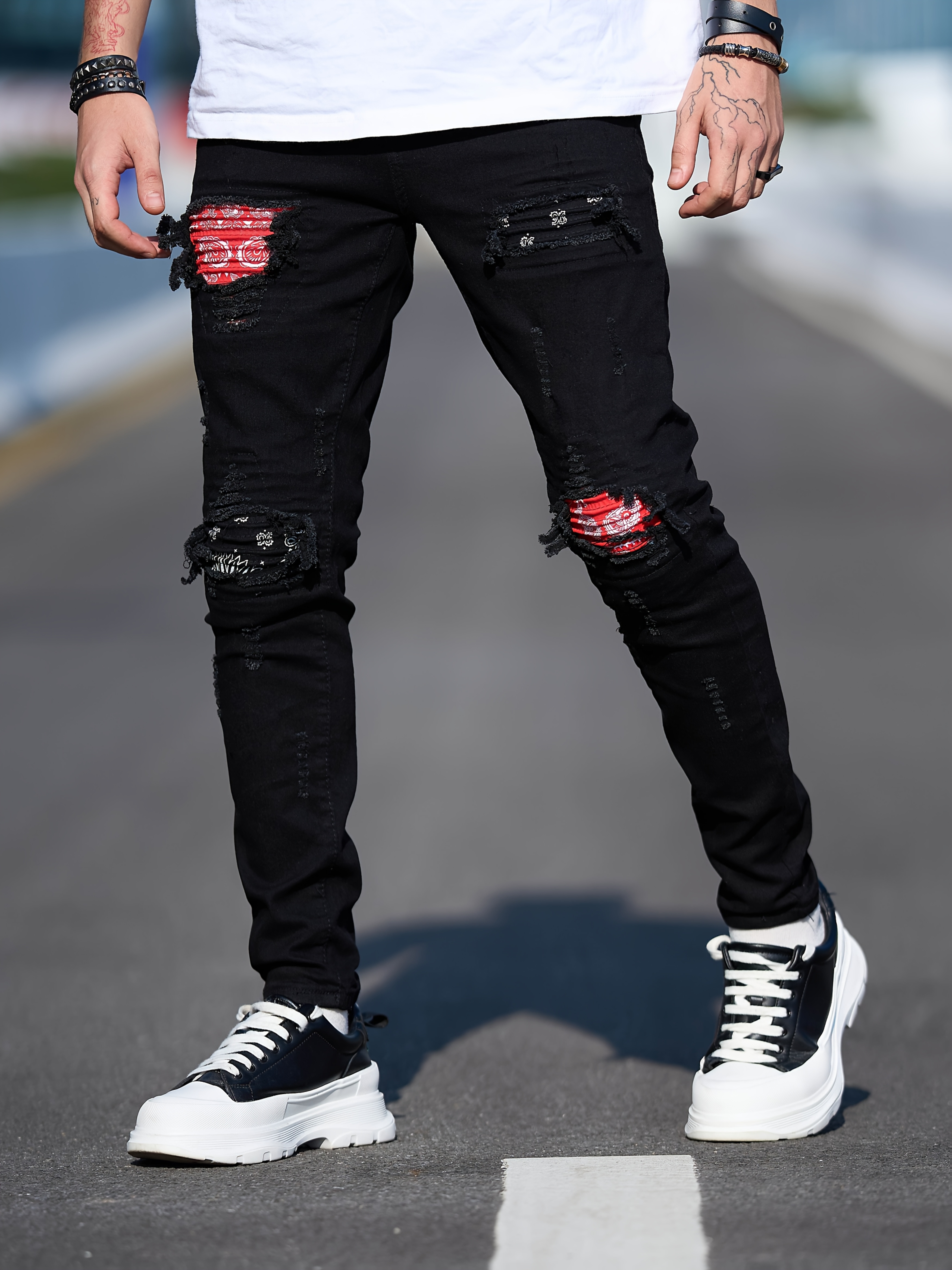 Mens Denim Black Ripped Loose Jeans Baggy Men Tape Detail Ripped - Main Image