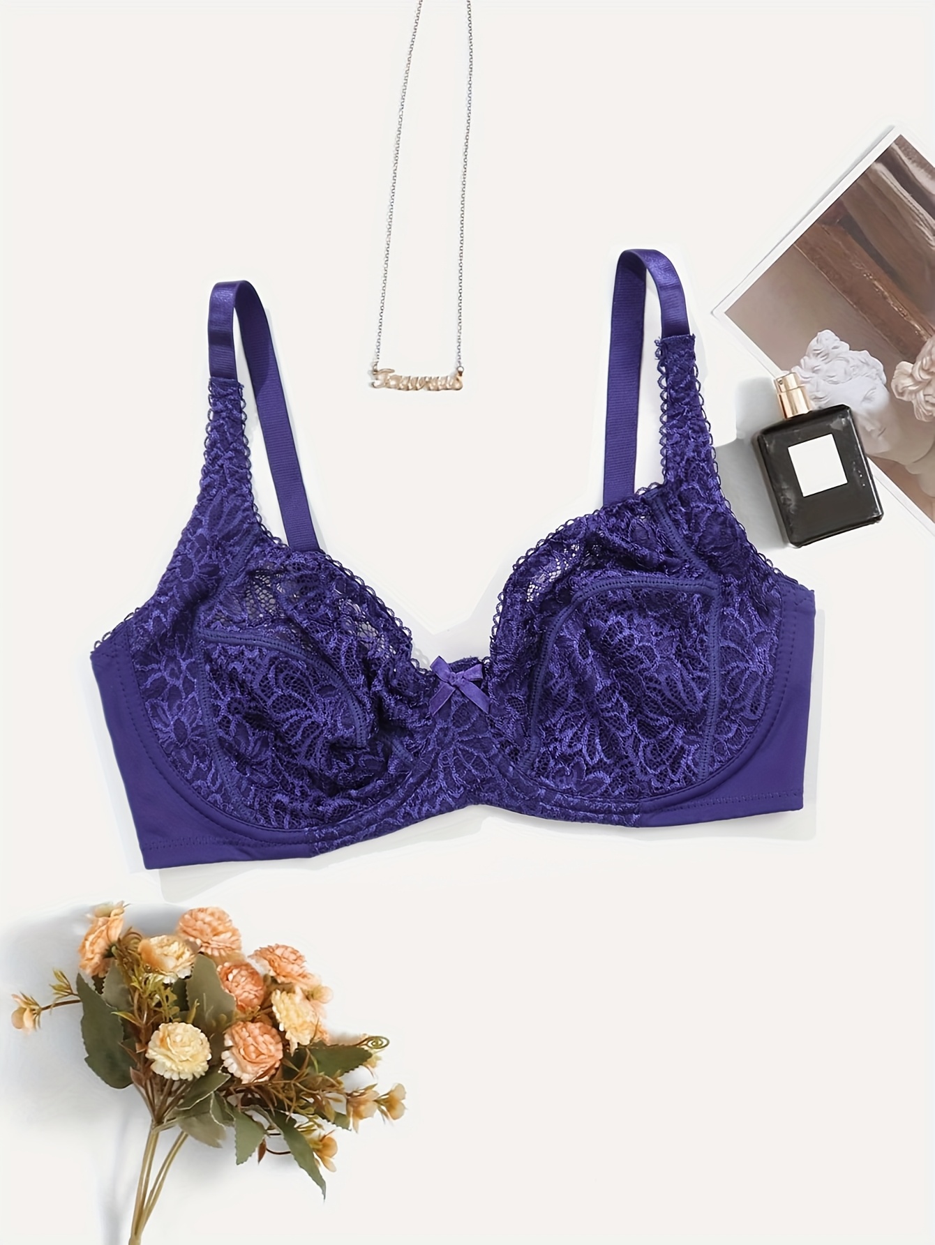 Women's Plus Elegant Bra, Plus Size Bow Decor Floral Lace Non Padded Underwire Bra