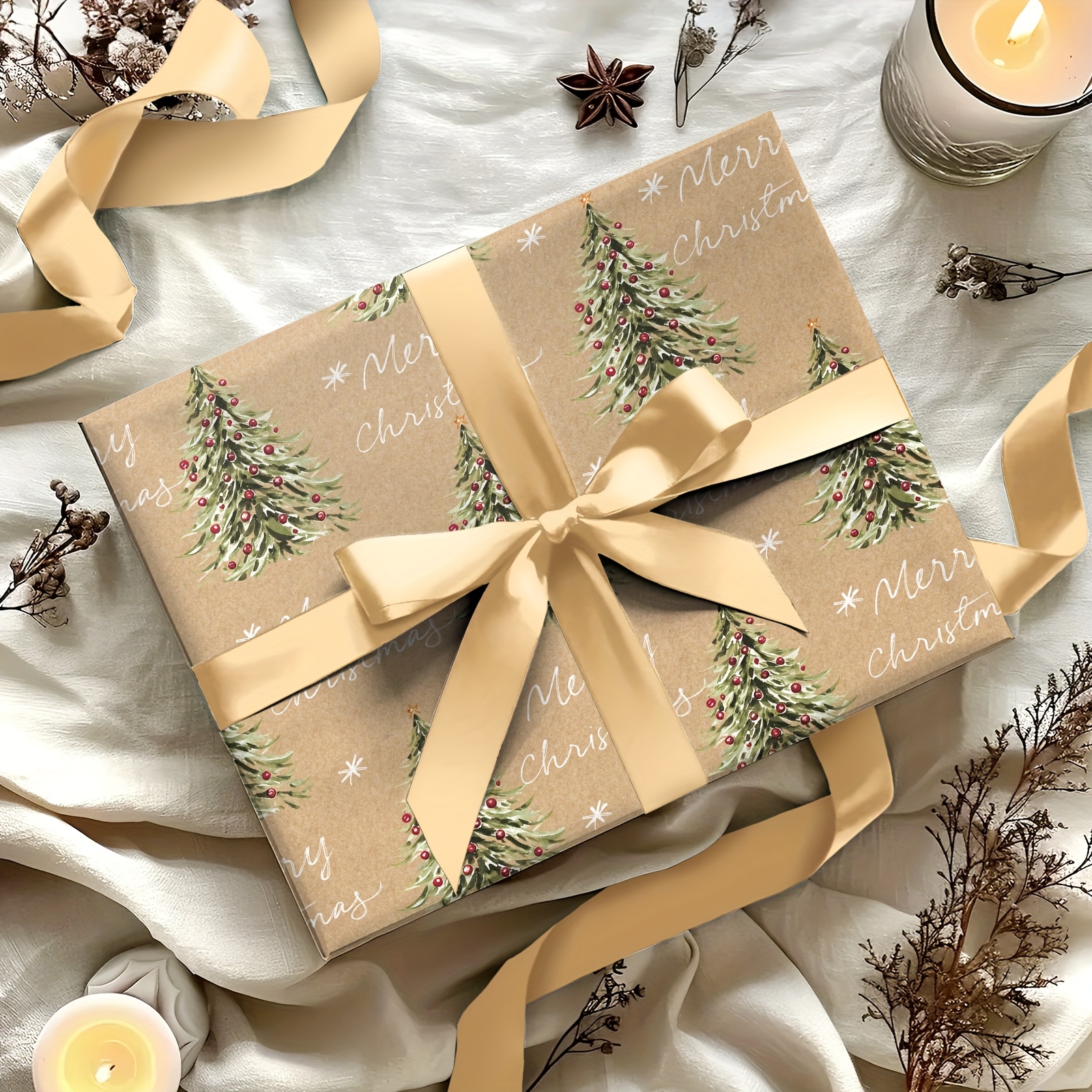 Christmas Wrapping Paper Roll - Brown Background with Green Christmas Trees & Red Berries, 43.18cm x 16.4 -   Holiday Gifts, Party Decorations, and Festive Packaging, Christmas Decorations, Best for Christmas