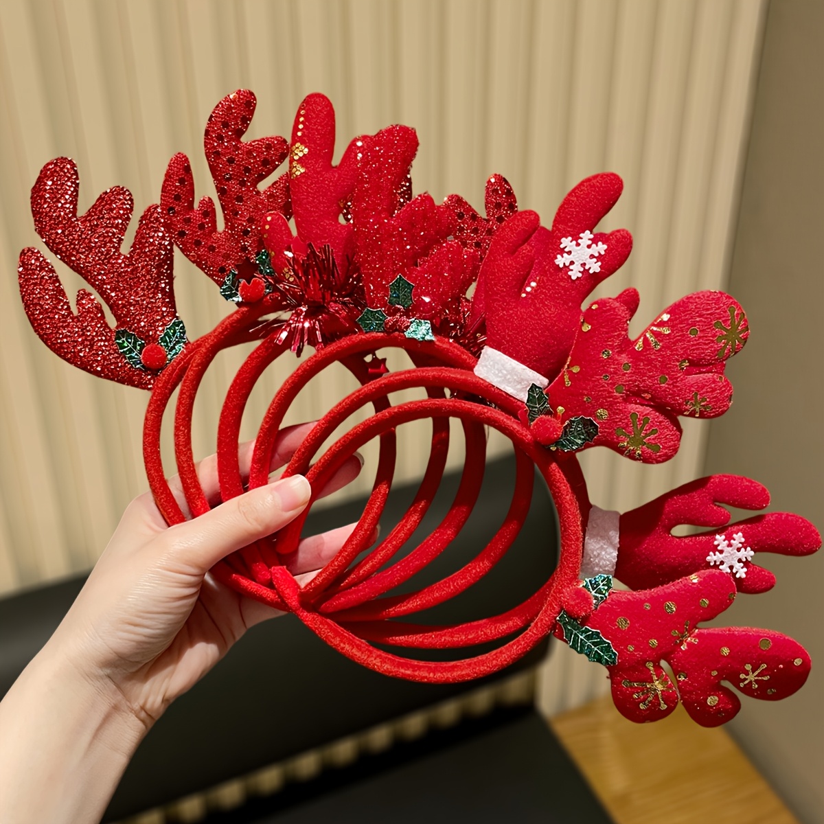 TEMU 6pcs Christmas Multi-style 3d Reindeer Antler Headbands For Women, Assorted Sparkly Christmas Hairbands, Christmas Party Photo Prop Hair