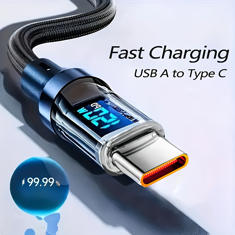 Ultra Durable 6A 120W MAX Fast Charging Cable with Real-Time Digital Display, USB A to USB C Charger Cord, Quick Charge Support for iPhone, Android, Samsung and More C Ports Devices.