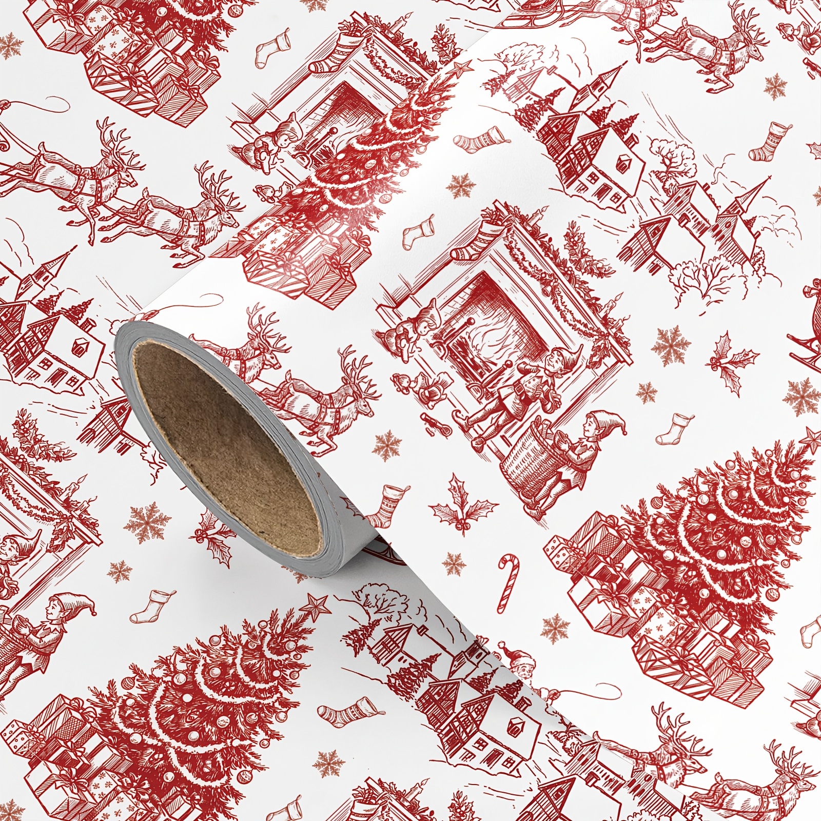 TEMU 1 Rouleau de Papier Cadeau de Noël et du An, Style Rétro Rouge et Blanc avec Dessin de , Village d'Hiver, Cheminée, Elf, Sapin de Noël, Imprimé