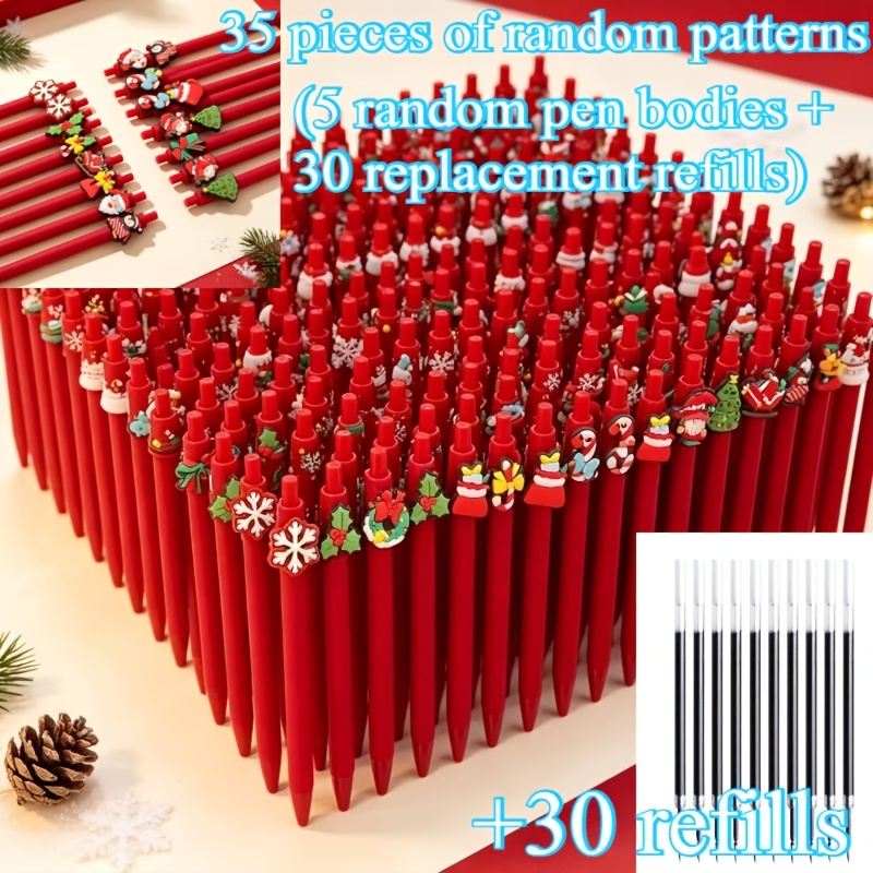 TEMU 35pcs Random Pattern Set (5 Random Pen Bodies And 30pcs Replacement Refills) Creative And Cute Santa Claus Series Retractable Ballpoint Pens And