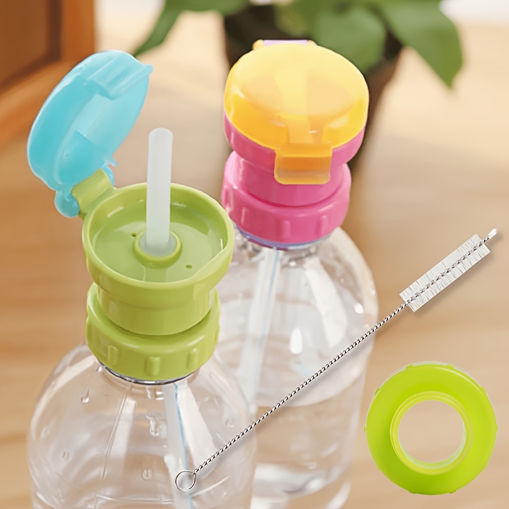 TEMU Set Of 5 Water Bottle Caps With Straw, Includes Large Mouth Ring And Straw Brush, Random Color, Rotating Lid For Juice And Soda Bottles, Safe