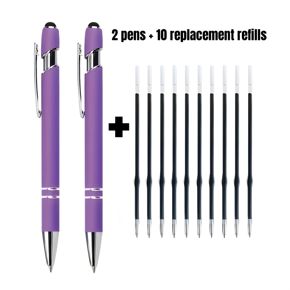 Image of 12pcs Purple Retractable Ballpoint Pen Set With Touchscreen Stylus Tip - Delivers Smooth Writing And Precise Screen Control. Black Ink. Ideal For Office Supplies And School Stationery Gifts For Tea
