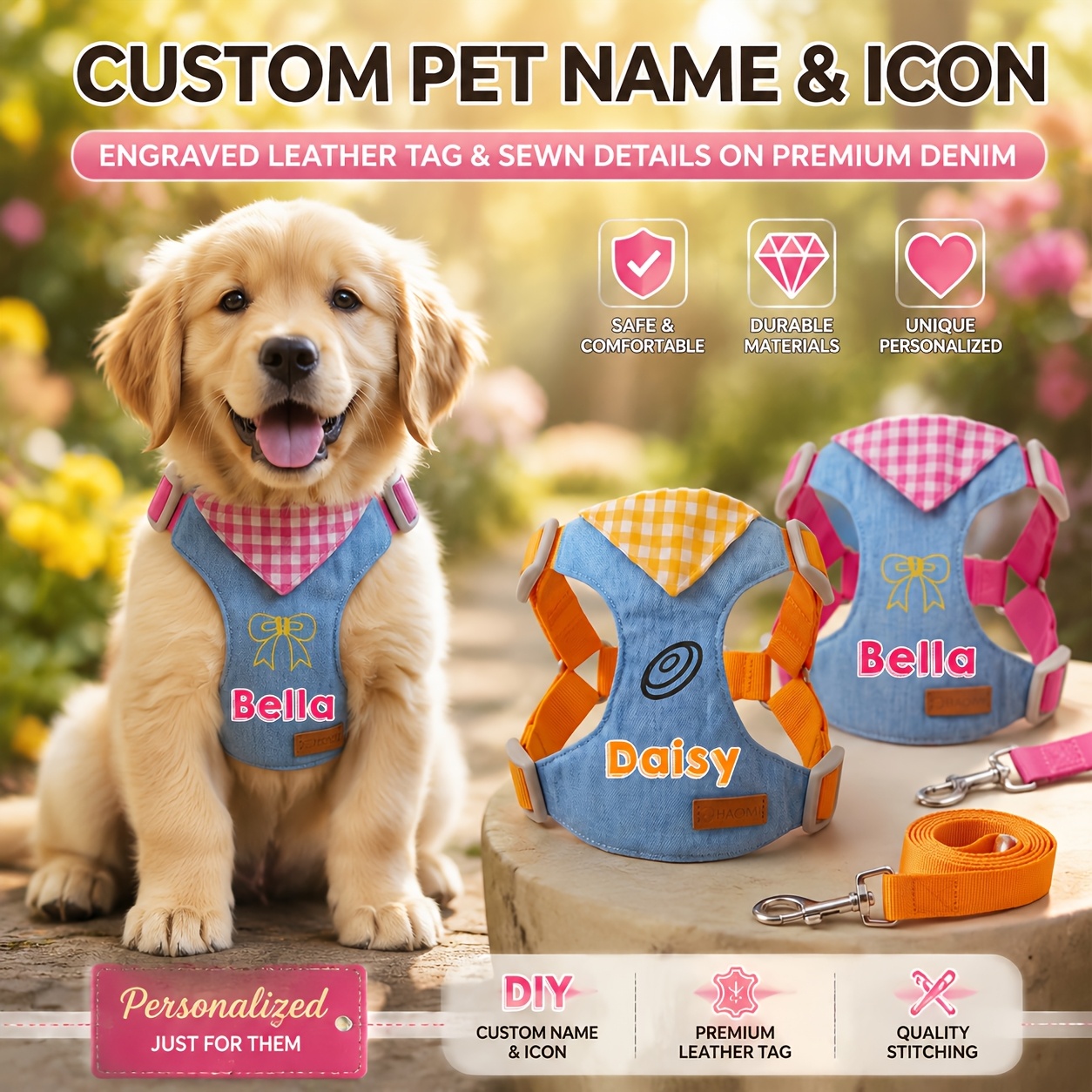 Personalized Custom Pet Harness and Leash Set