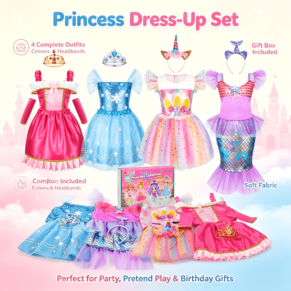 Kids Princess Dress Up Costume Set, 4 Styles Princess Outfits With * Headband, Girls Play Clothes Gift Box, Birthday Party Halloween Cosplay Dresses For Little Girls Ages 3-6