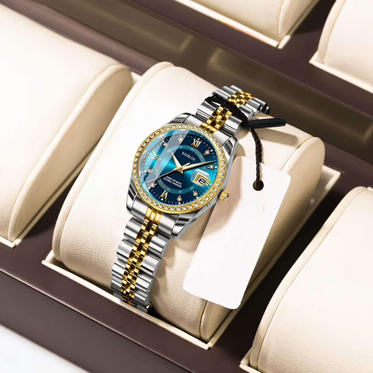 KASRLUO Women's Stainless Steel Quartz Watch with Luminous Rhinestone Date Display, Blue Dial & Golden-Tone Band - Elegant Business Style, Casual Elegance | Elegant Timepiece | Luminous Dial