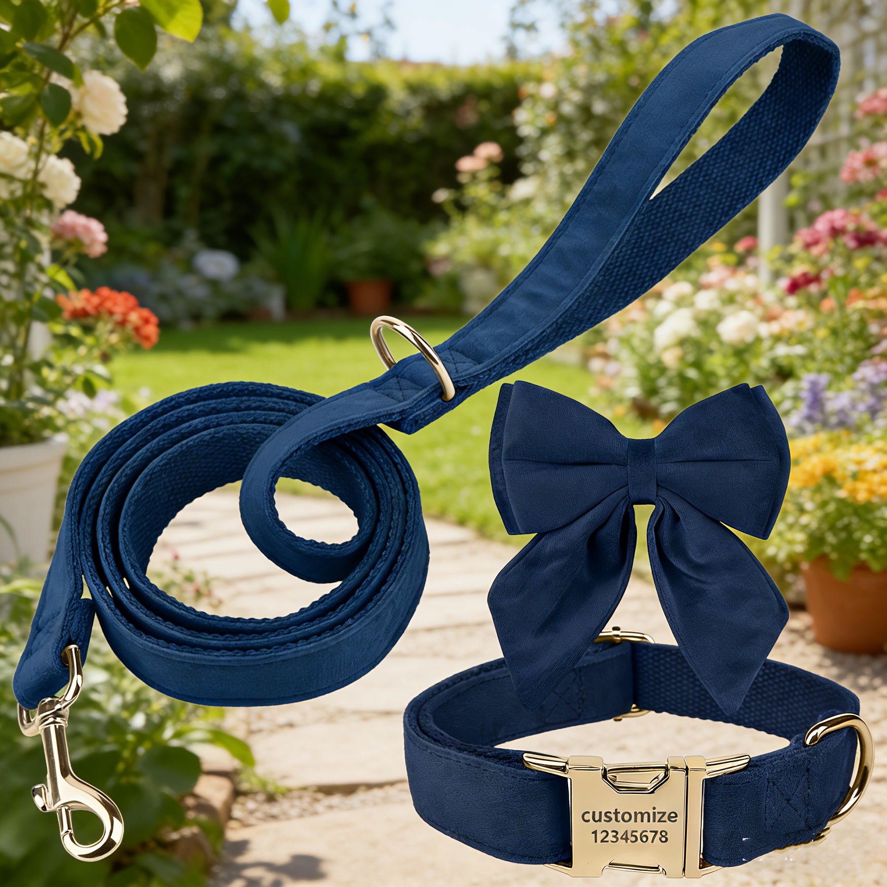 Personalized Custom Soft Velvet Dog Collar & Leash Set, 3pcs