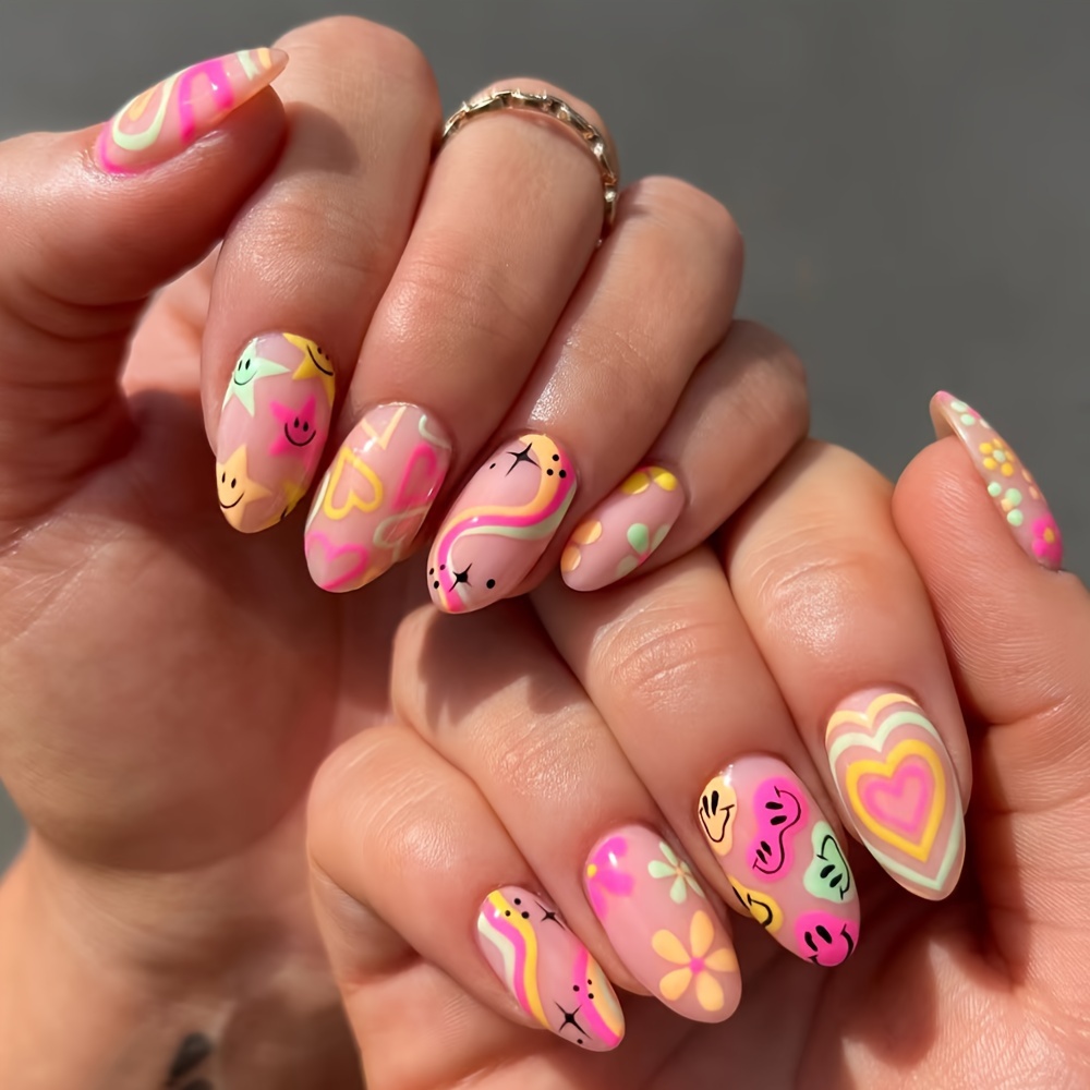 

24pcs Chic Almond-shaped Press-on Nails With Glossy Finish - Colorful Dopamine Smile & Heart Designs, Medium Length - Perfect For Casual Attire