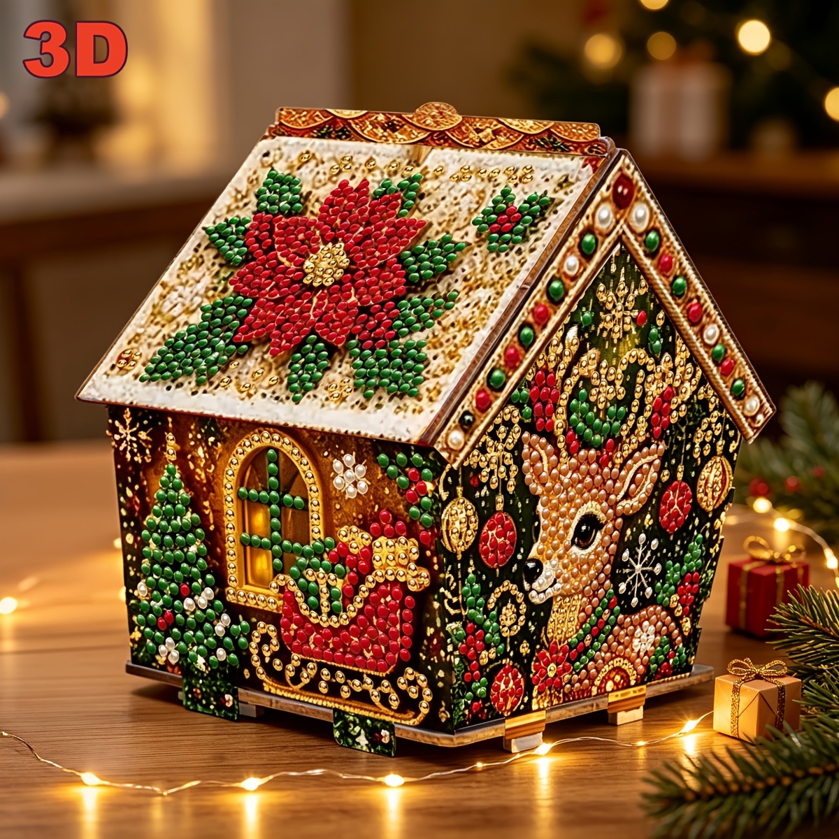 TEMU 3d Wooden Christmas Poinsettia Reindeer Cabin Diamond Painting Kit, Diy Pearl Mosaic, Handmade Assembly Ornament, Home Party Holiday Decoration,