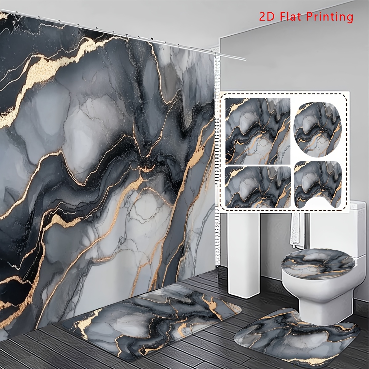 TEMU Juego de baño de 4 piezas con impresión 2D, elegante y , cortina de ducha con estampado de mármol moderno junto con 12 ganchos de C y tapetes de