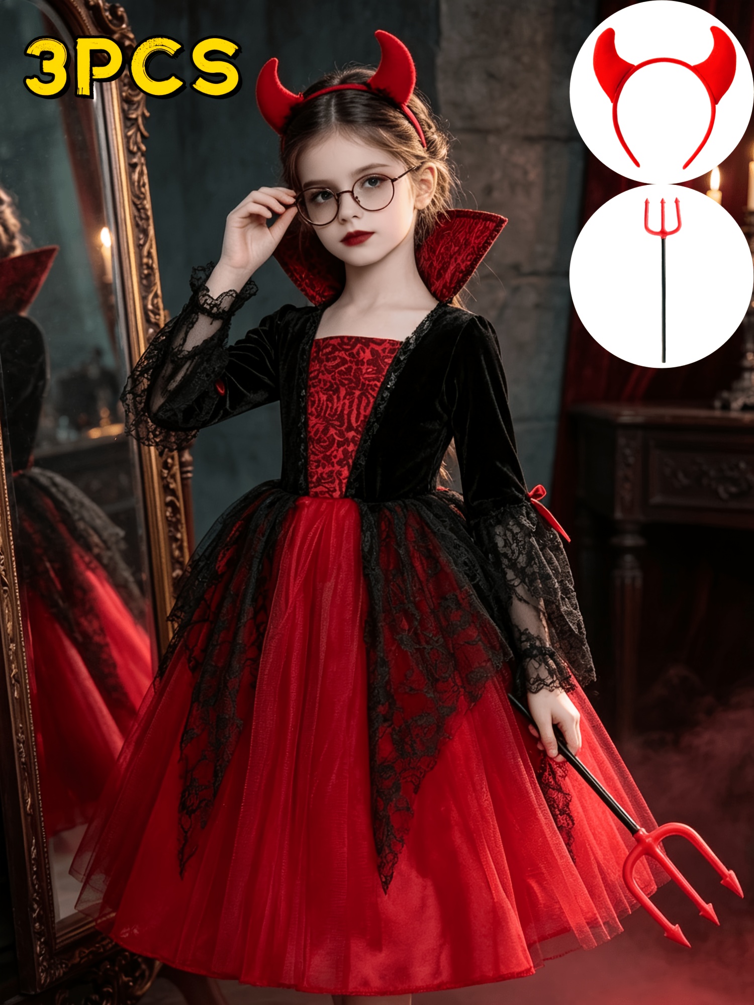 photo de l'article ensemble 3 pièces robe de princesse dhalloween pour fille, couleurs contrastées   (robe de princesse + 2 accessoires), robe de costume de sorcière vampire, style fantaisie punk médiéval   gothique vintage, tenue de jeu de rôle pour fille pour bal  , boîte de nuit, fête à thème
