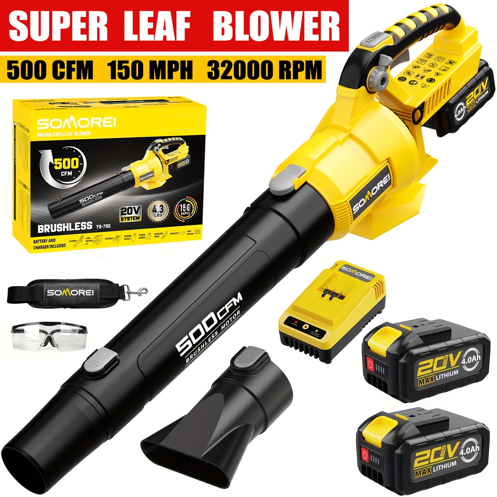 

030001- Cordless Leaf Blower - 500 Cfm Brushless Electric Blower With 2 Packs 4.0ah Battery & Charger - Battery Powered - 20v Handheld Lightweight Blower For Lawn | Yard | Garden