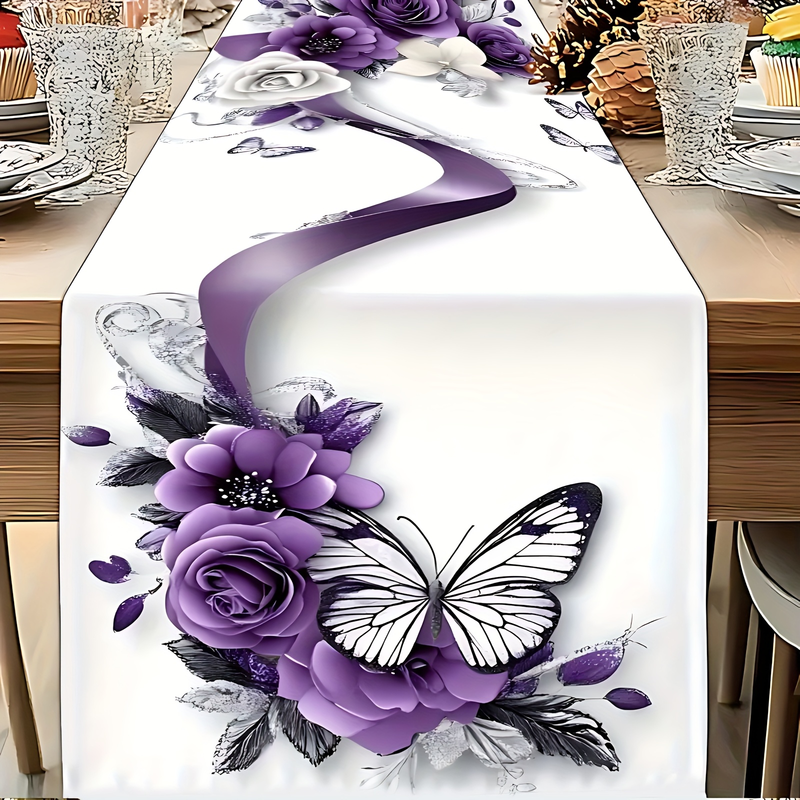 Image of 1pc, Purple Floral Table Runner, Elegant And Romantic Wedding Banquet Decoration, Delicate Flowers With Ribbon Accents, Adds , Suitable For Celebrations, A Atmosphere