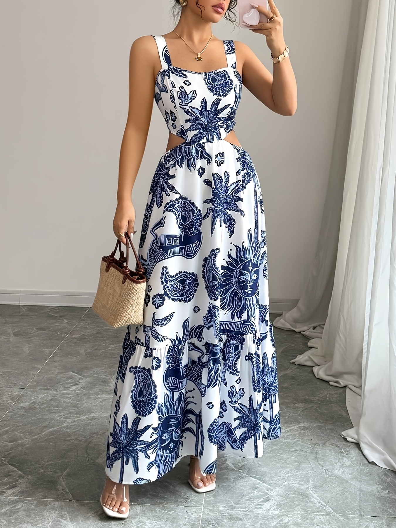 slim fit dress slacks Flower print knotted backless tube maxi dress main image 0