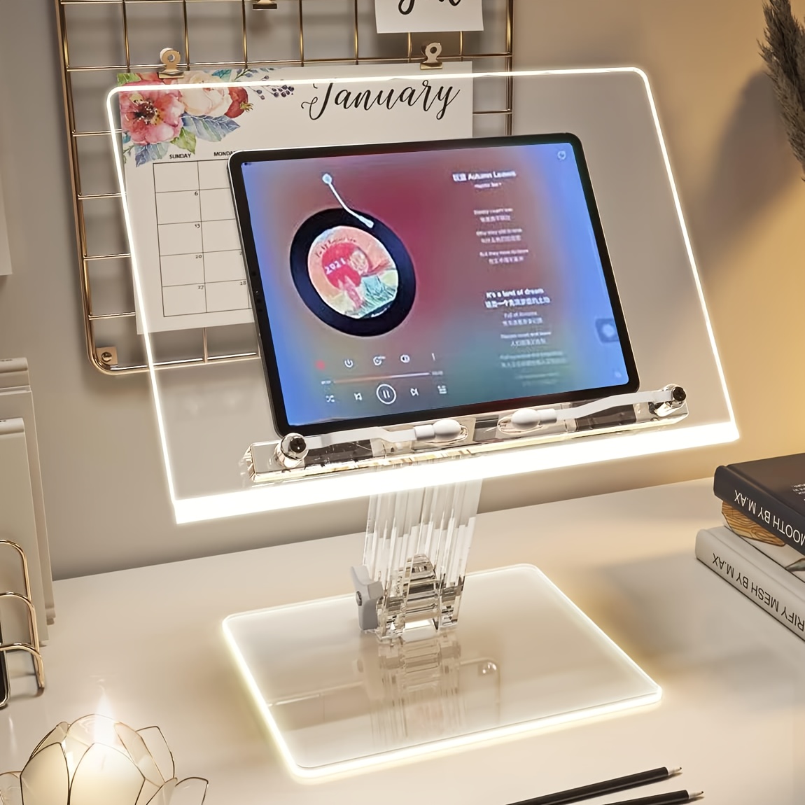 TEMU Transparent Tablet Holder With 180° Rotation, Adjustable Height, And Swivel Features, Designed For Books And Ipads On A Desktop