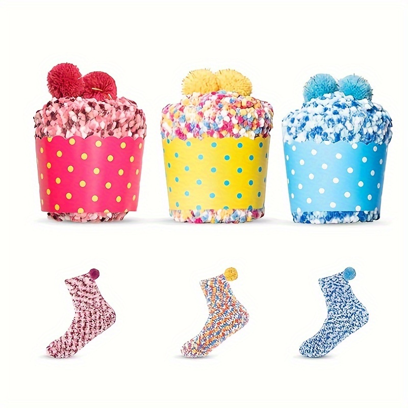 

3pcs Elegant Tie-dye Cake Socks For Women - Plush, Stretchy Polyester & Spandex Blend With Pompom Detail, Perfect Gift Idea