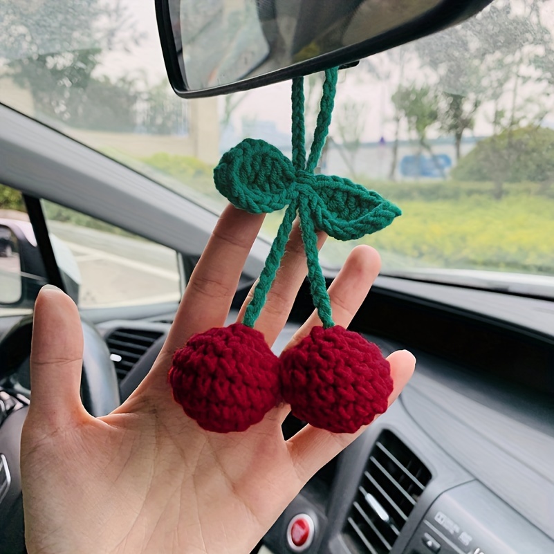 

1pc Handmade Crochet Cherry Car Mirror Hanging Decoration - Cute Red & Charm, Perfect Accessory For Women