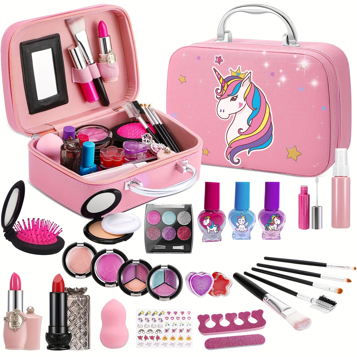 cosplay deluxe einhorn-koffer mit make-up-sets für mädchen - echte schminkspielzeug mit spiegel, pinseln, lippstiften, lidschatten, aufklebern und zubehör - ideales geburtens-, halloween- und weihnachtsgeschenk für kleine prinzessinnen, aus festem oxford- und samtstoff