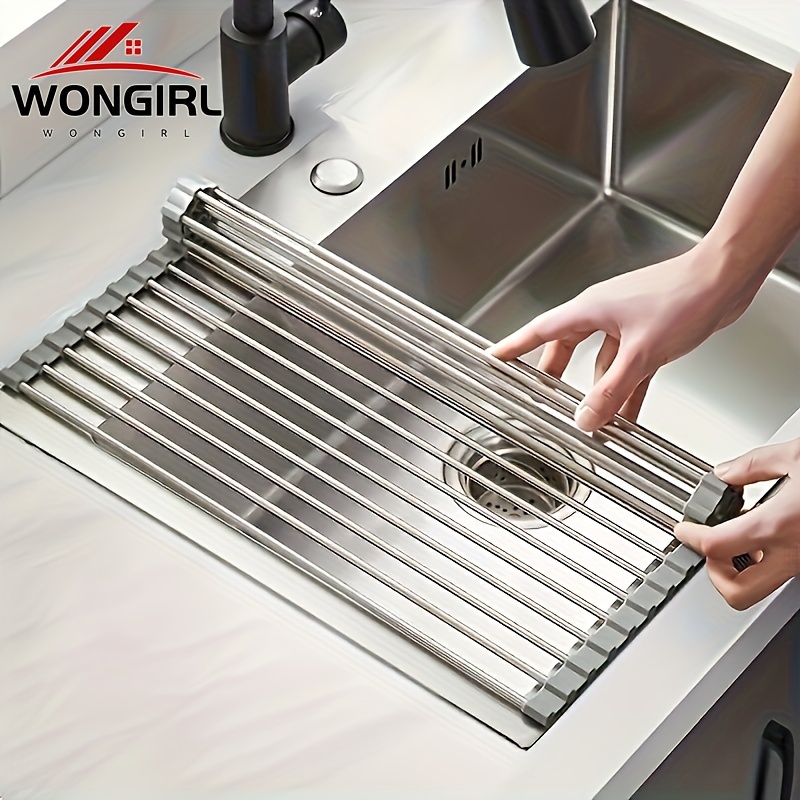 

1pc Wongirl Stainless Steel Roll-up Dish Drying Rack - Foldable, Space-saving, Over-the-sink, Anti-rust, Easy Clean, Kitchen Sink Organizer Tool