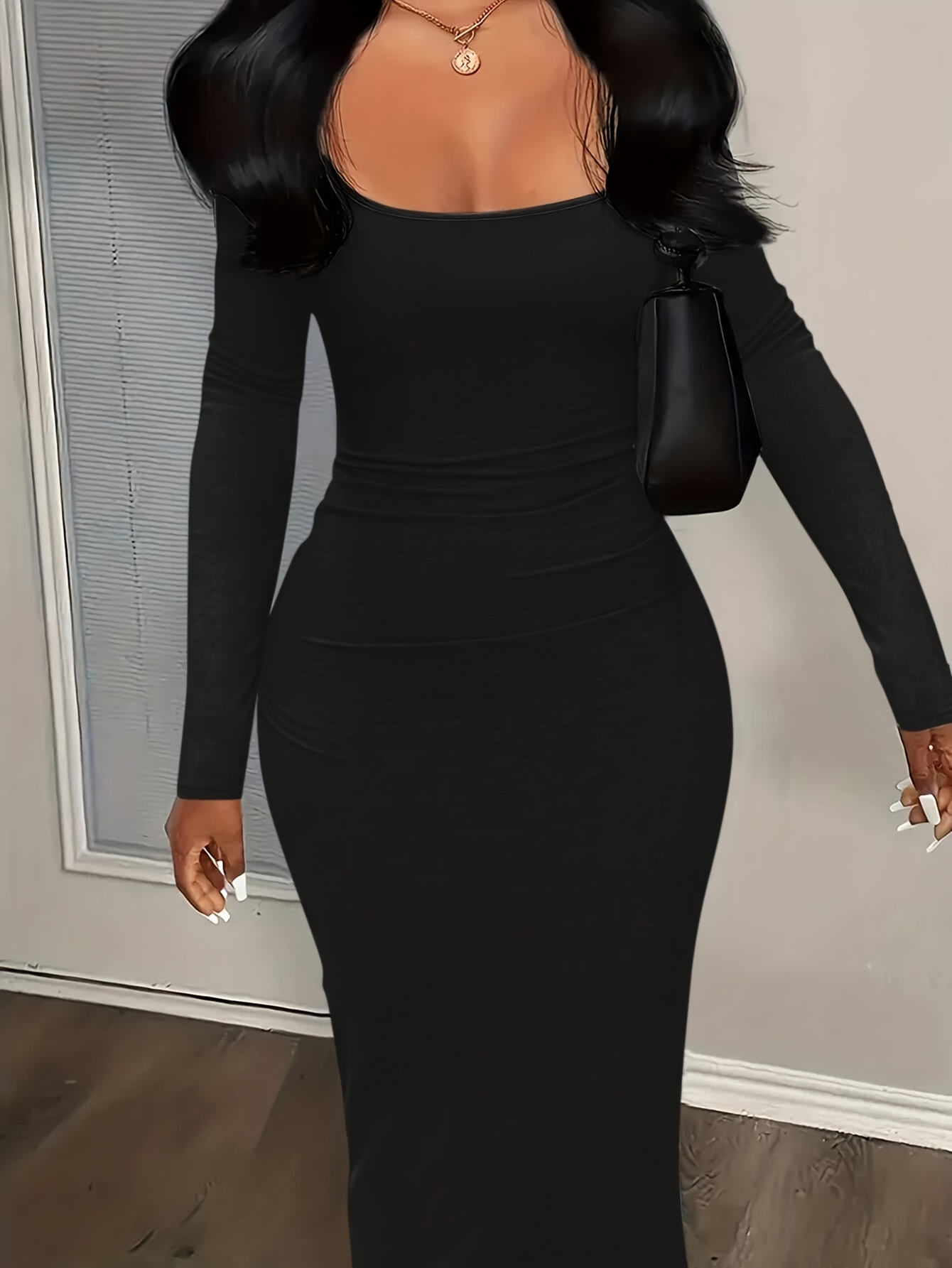 Women'S Round Neck Long Sleeve Bodycon Hip-Hugging Dress (Cloud *)