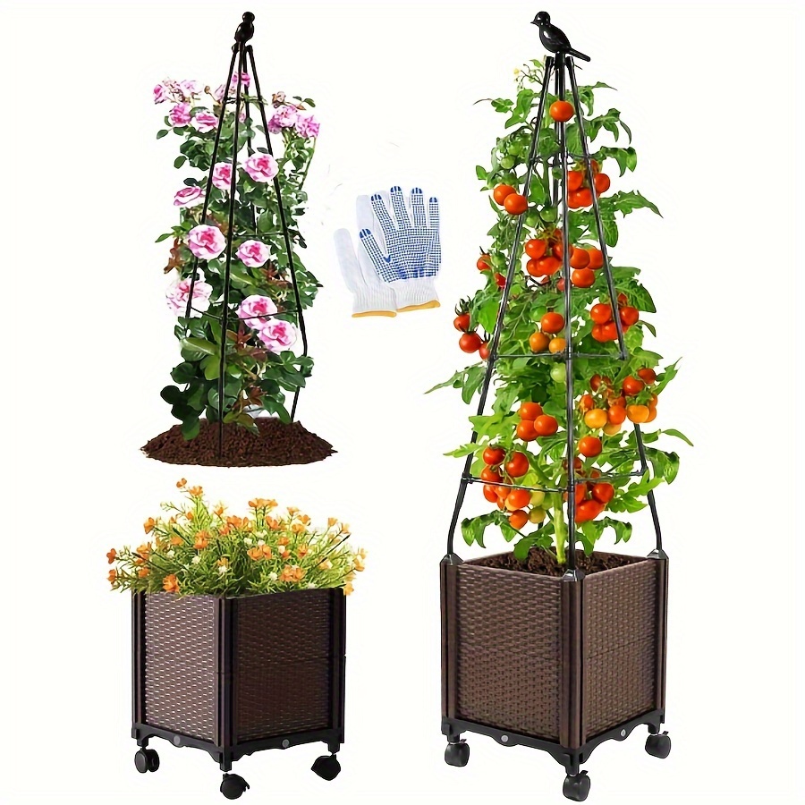 

Raised Garden Bed Planter Box With Trellis, Self-watering Planter Box With Wheels For Climbing Plants Fruits Flowers Vegetables, Tomato Cages For Garden Outdoor Indoor