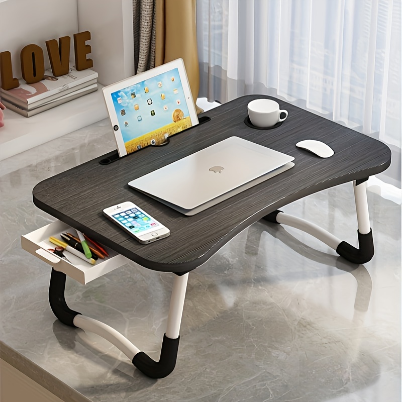 TEMU 1pc Foldable Laptop Bed Table With Drawer - Portable Lap Desk For Bed, Couch, Sofa, Or Floor, Breakfast Tray, Notebook Stand, Reading& Writing