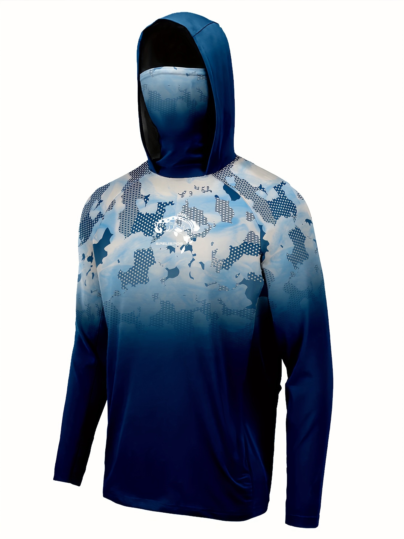 Men's Gradient Color Hoodie with Mask, Anti-UV Sunscreen Sun Protection Fishing Shirt Breathable Quick Dry Hooded Fishing Jersey for Trekking
