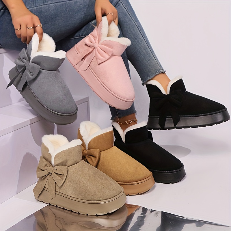 

Women's Cute Bow-knot Decorated Indoor Slippers, Plush Warm Sole Short Boots With Soft And Eva Outsole