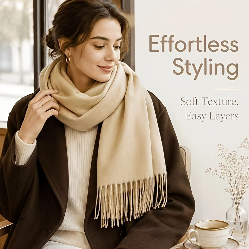 TEMU Unisex Double-sided Fuzzy Cashmere Scarf 35 X 180cm, Solid Color Long Tassel Shawl, Soft Scarves For Men Women Autumn Winter