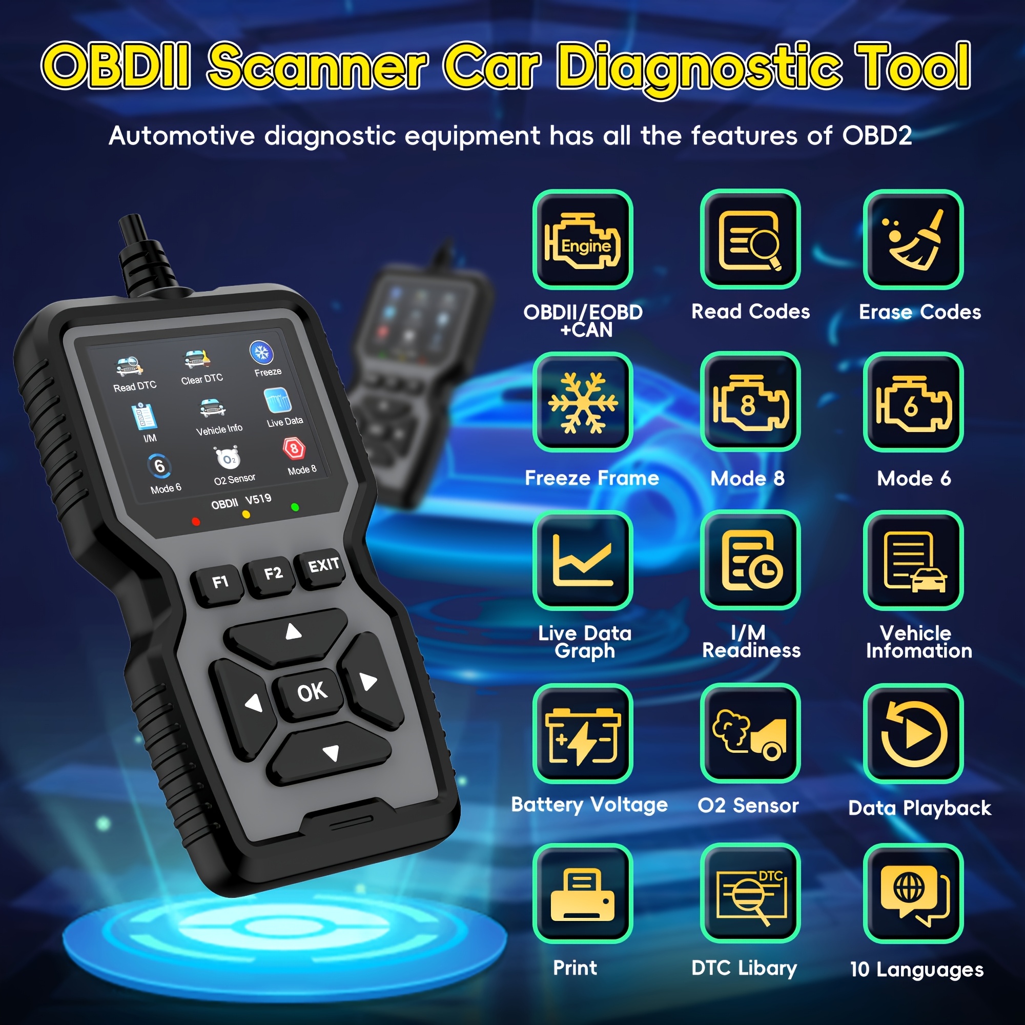 Scanner de Diagnostic OBD2 Avancé pour Voitures, 10 Langues, Compatible avec la Plupart des Véhicules Fabriqués après 1996