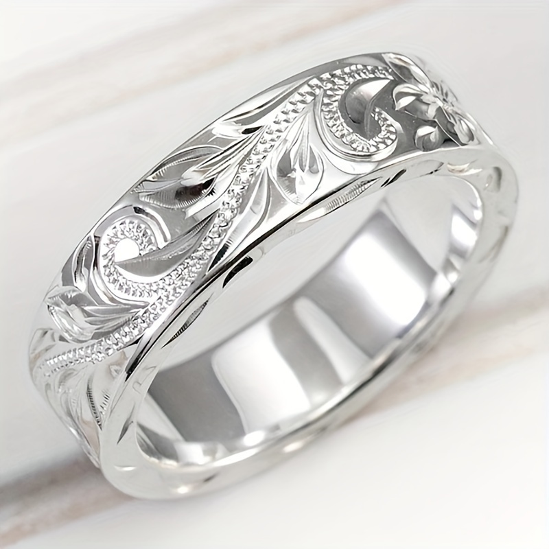 Hand Carved Leaf & Flower Wide Band Ring Unisex Accessory Classic Style
