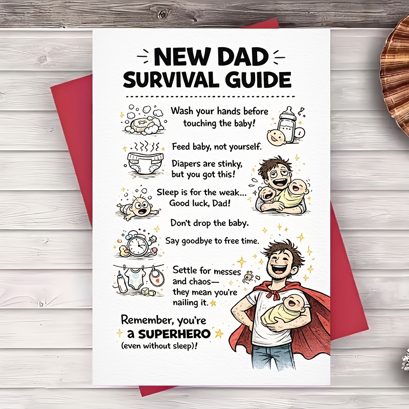 TEMU 1pc Greeting Card New Dad Survival Guide Greeting Card Funny Congrats For Husband Brother Friend Baby Gift From Family Coworkers Celebration