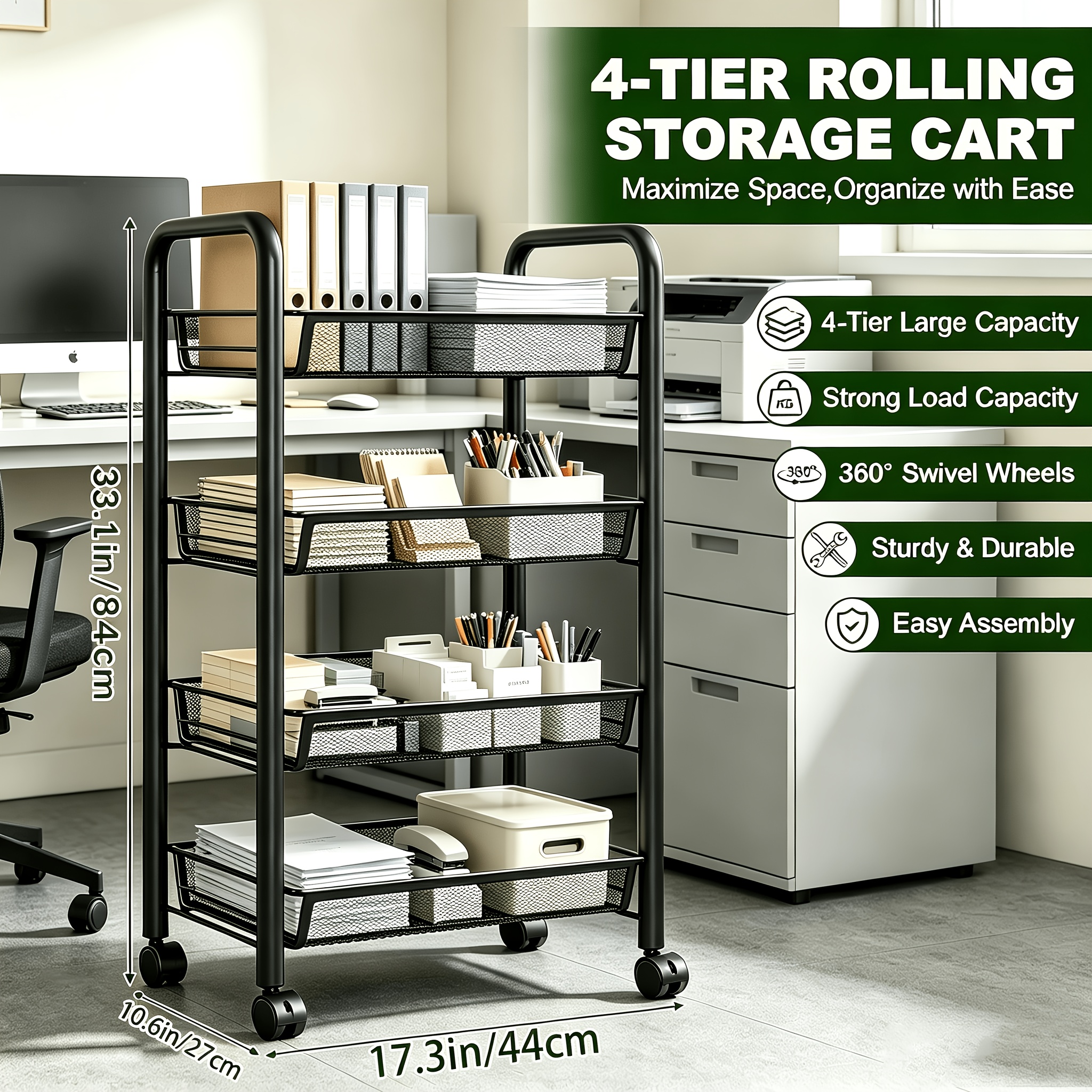 TEMU 3/4/5 Tier Black Office Trolley Cart With 360°swivel Wheels, Heavy Duty Rolling File Organizer, Multi Tier Desk Side Storage Shelf Rack For