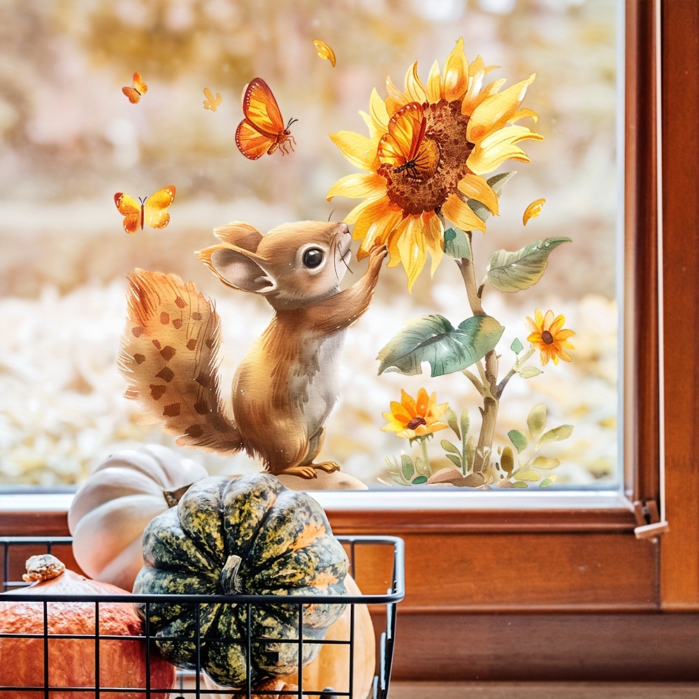 Watercolor Sunflower Squirrel Home Decor Wall Stickers For Bedroom And Living Room Glass Window Background Wall