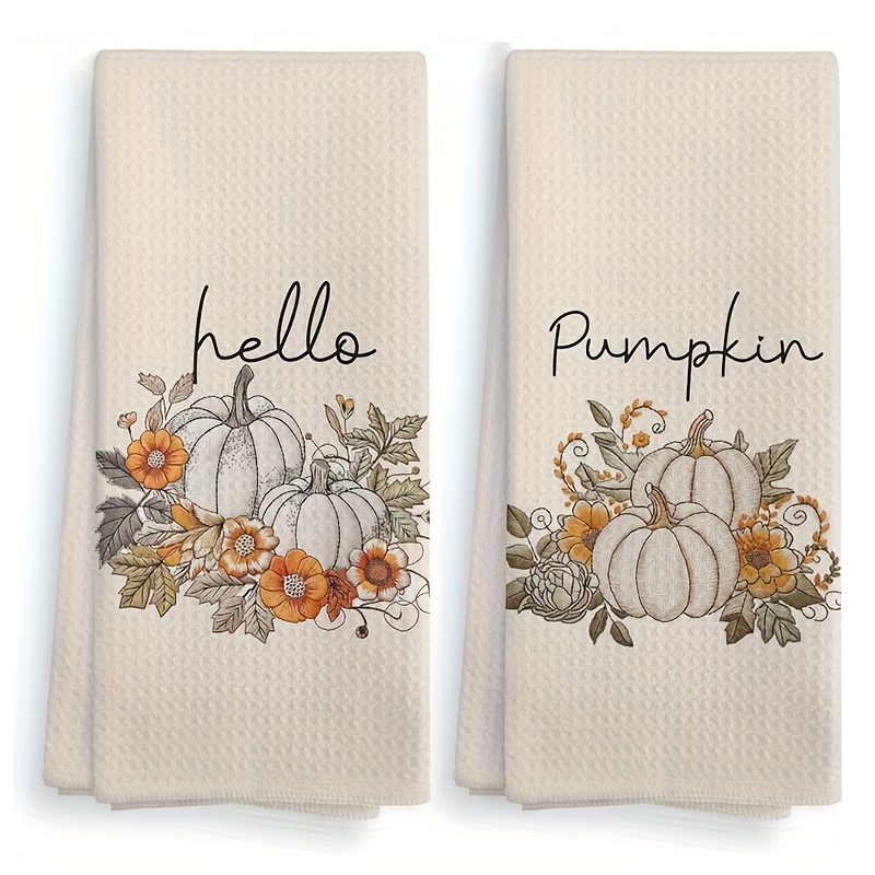 TEMU 2pcs, Beige Waffle Check Pumpkin Print Kitchen Towels, Fiber Modern Absorbent Rags, Cooking Baking Tea Towels, Dish Towels, Tea Towels, Super