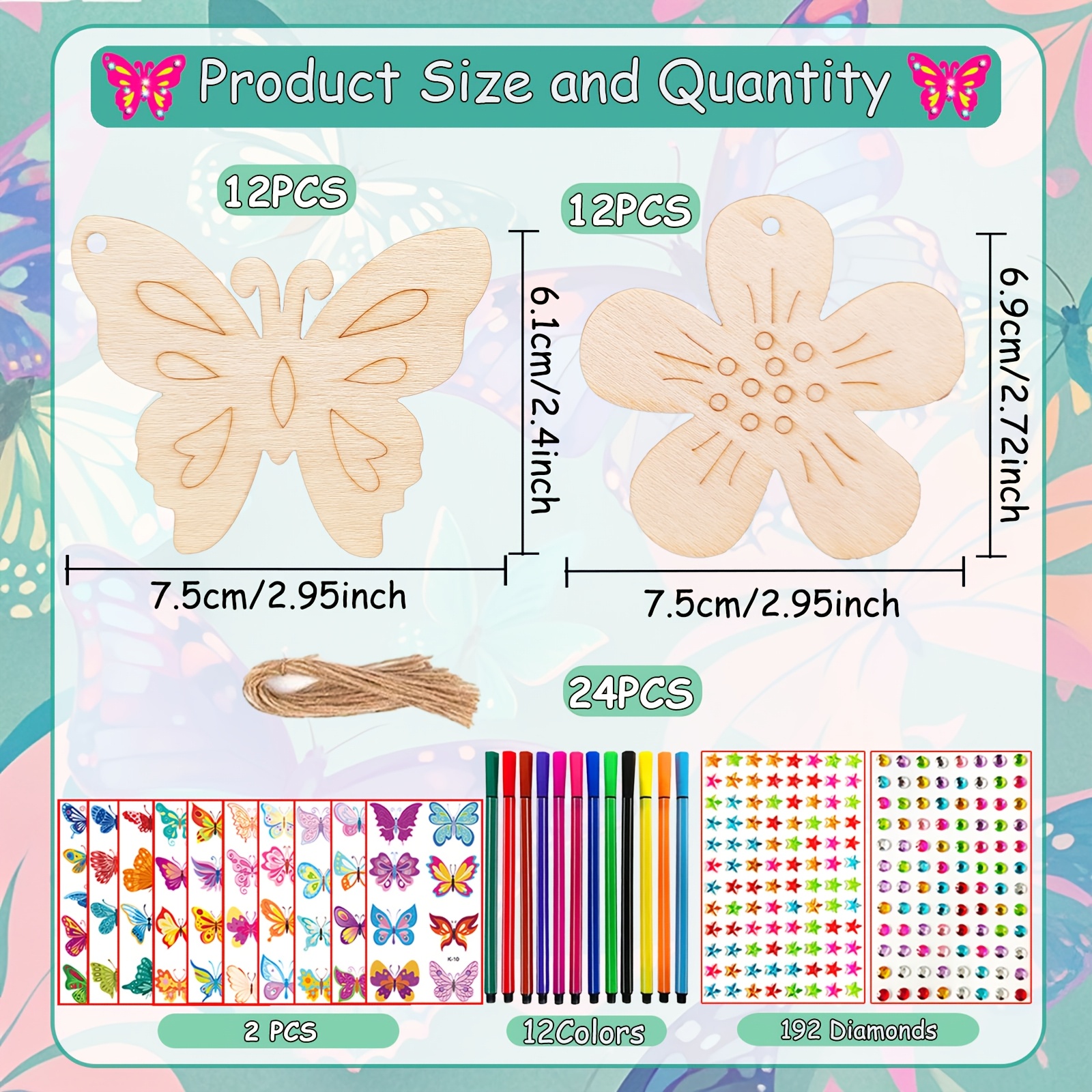 Image of 254pcs And Flower Diy Wooden Craft Kit, Woodworking Set, Unfinished Craft Kit, Includes 24 And Blocks, 12 Pens, 2 Sheets Of Stickers, 192 Rhinestones, For Decorative Art, Suitable For Art