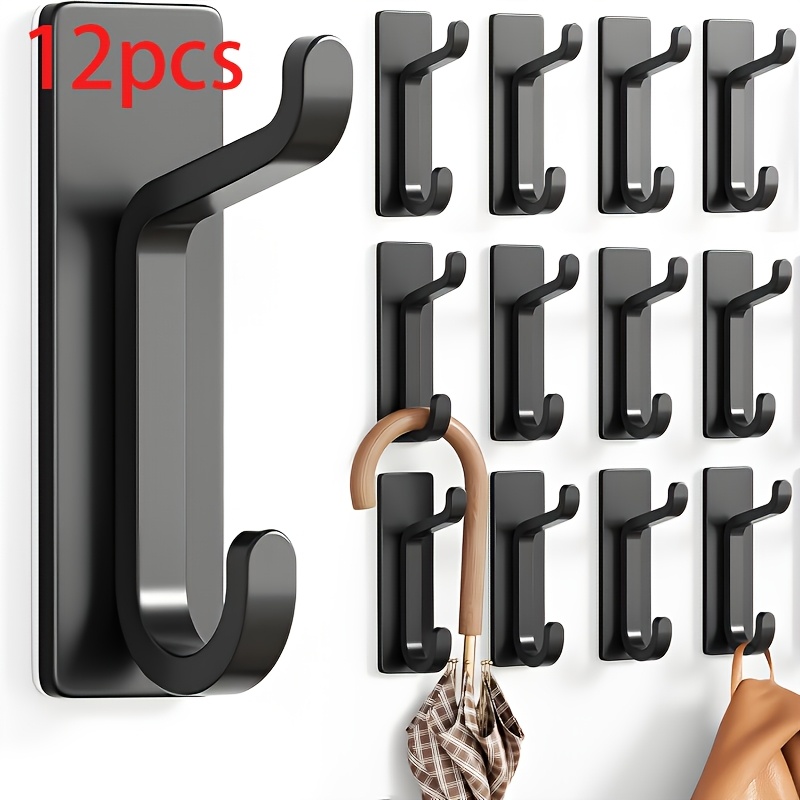 12pcs Self-Adhesive Hooks, Extra Strong Adhesive Hooks Holds Up to 6kg, Heavy-Duty Wall and Door Hooks for Towels, Coats, Hats, and Wallets in Bathroom, Shower, and Kitchen, Black, 12pcs Set