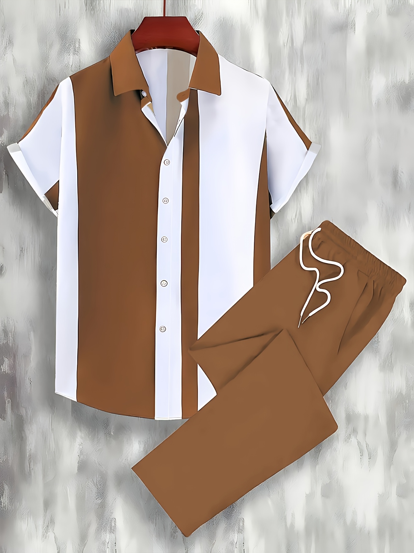 Digital Print Men's Casual Sport Cardigan Button Short Sleeve and Long Pants Set