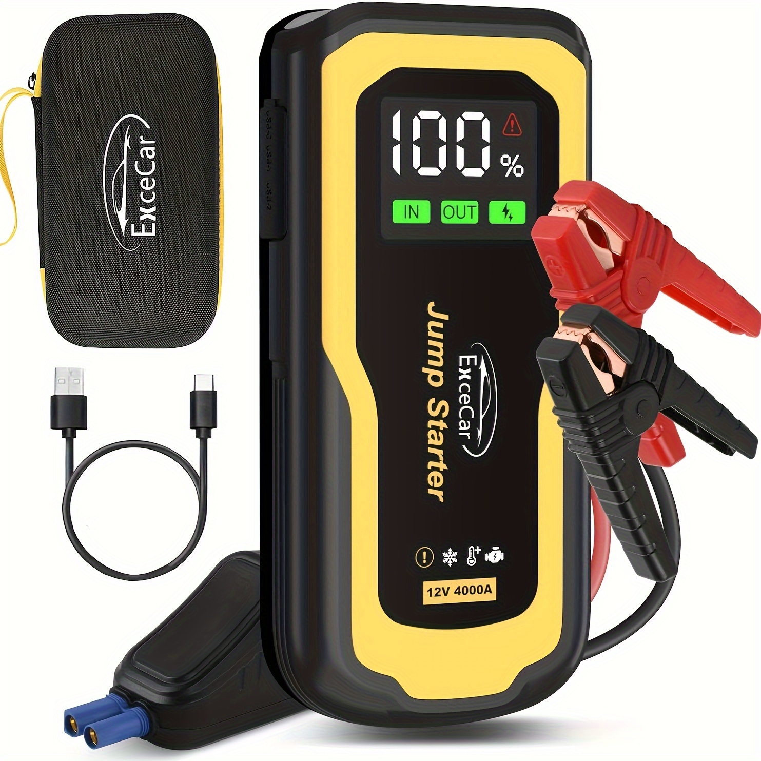 

4000a Car Jump Starter, Portable Safe Jump Starter Power Pack (up To 10.0l Gas And 10.0l Engines), 12v Lithium Battery Starter Car Jumper With 2.5'' Lcd Display And Quick Charge