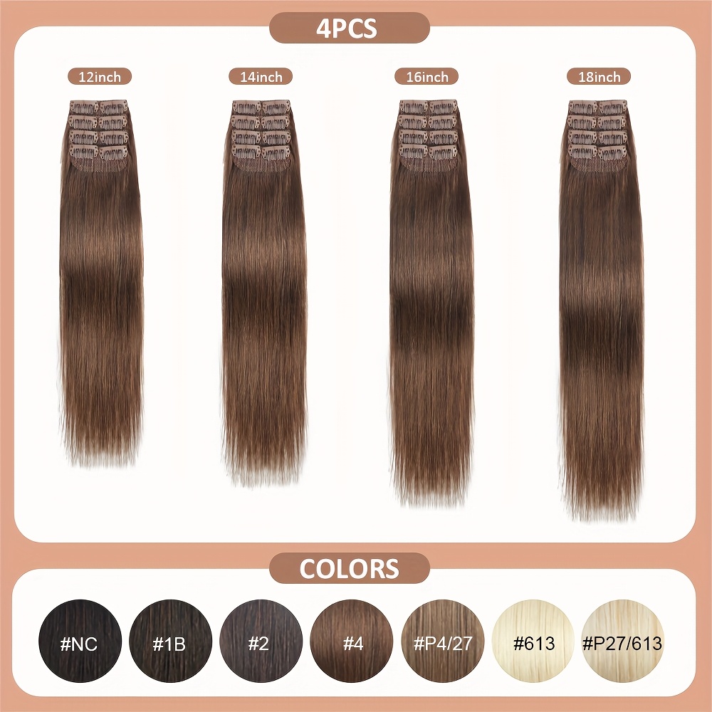 4pcs   straight clip in hair extensions 100   human hair 4 light brown 12 18 inch double weft invisible clips   volume length for women daily use special occasions hair clips versatile hairpiece natural look hairpiece   hairpiece details 1